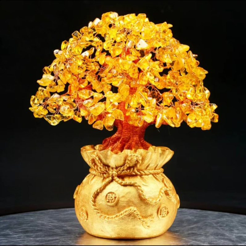 Citrine Money Bag Fortune Tree Pink Crystal Fortune Tree Office Home Decoration Lucky Bag Money Tree Business Gift