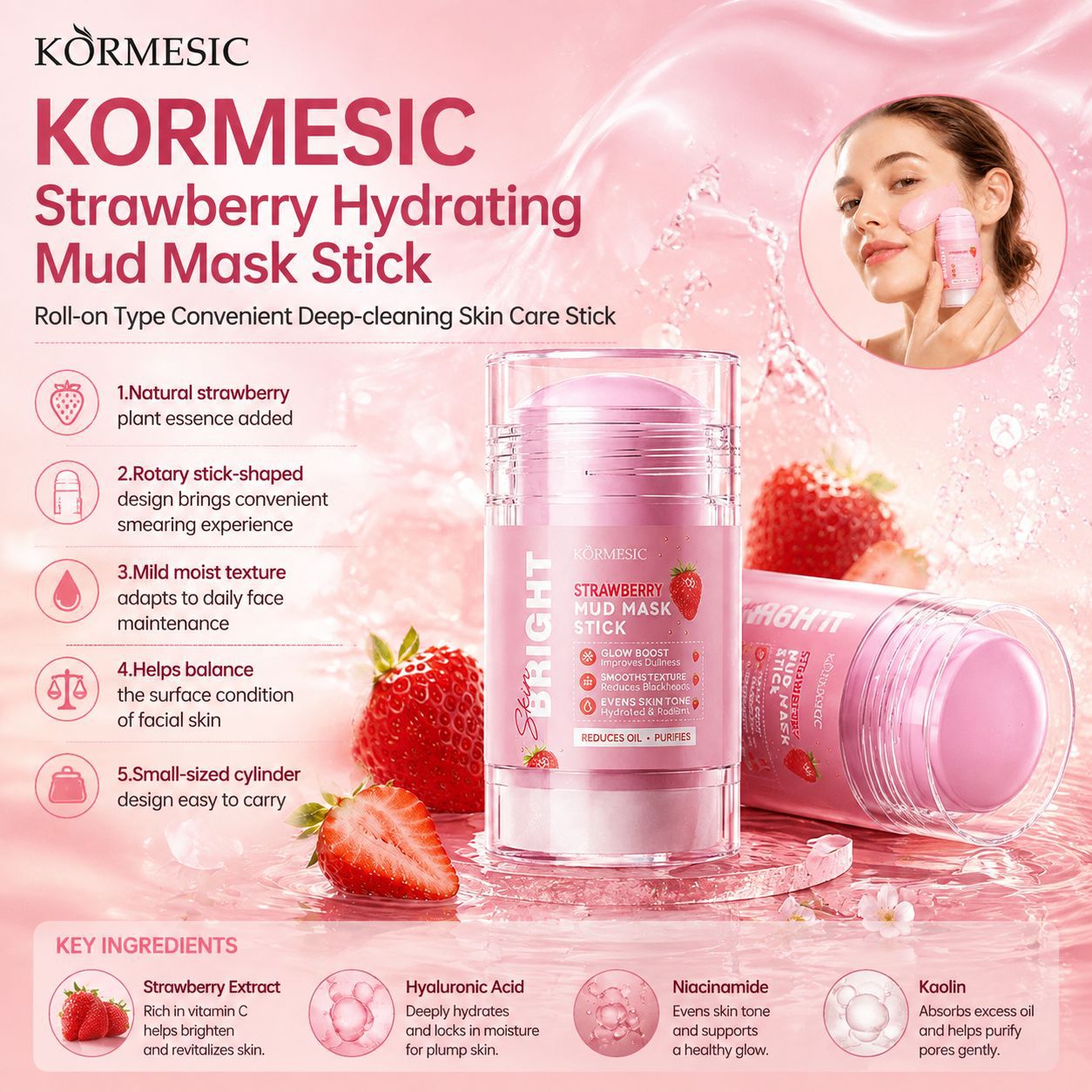 Cross-Border Kormesic Strawberry Brightening Mud Film Stick for Delicate Skin, Wholesale from Foreign Trade Manufacturers