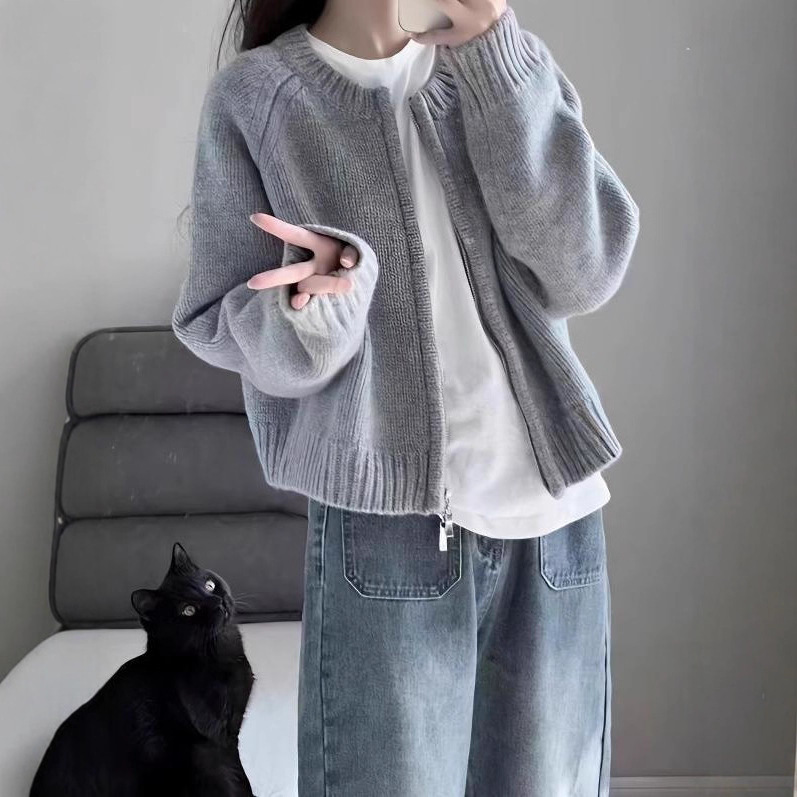 Gray Short Sweater Jacket 2025 Spring & Fall New Loose Zipper Cardigan Fashionable Slim Long-Sleeved Knitted Top