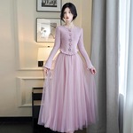 温柔风甜美粉色针织毛衣女春秋季网纱半身裙减龄漂亮洋气套装裙女