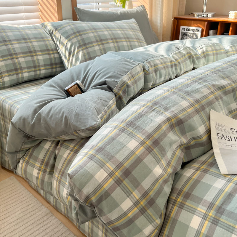 Juego de cuatro piezas de algodón lavado teñido en hilo para estudiantes 2025 nuevo juego de sábanas de edredón de dormitorio de estudiantes de tres piezas