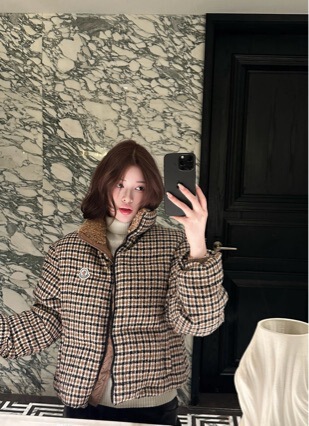 Plaid Splicing Wool Stand Collar Short down Jacket Nanyou Classy Women's 90 White Duck down Tweed Jacket