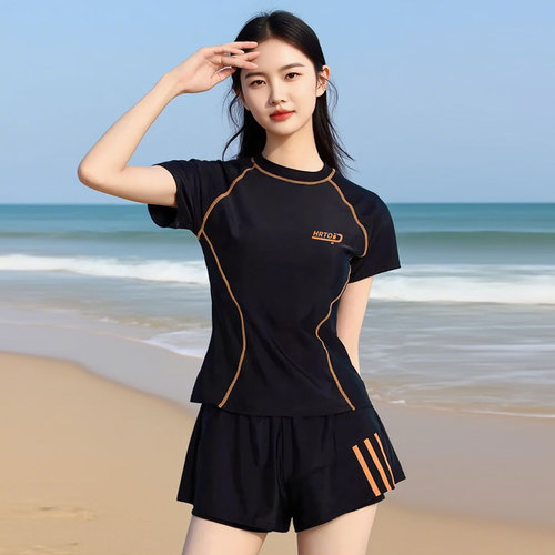 Women's One-piece Short Sleeve Conservative Hot Spring Swimming Pool Plus Size Body-Concealing Slimming Student Swimwear