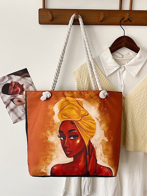 Tote bags spot outdoor black beauty printed handheld beach bag large capacity new thick rope tote bag