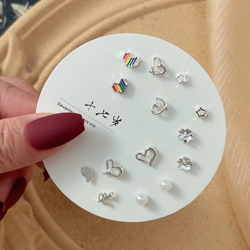 女性用コンパクトミニインズピアス S925 シルバー針 1週間ピアス 7点セット 爽やかで甘い組み合わせ|undefined