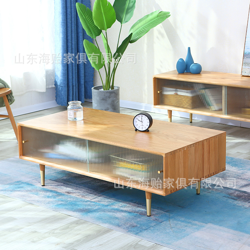 北欧实木玻璃门茶几日式橡木茶几现代简约原木小户型茶桌客厅家具