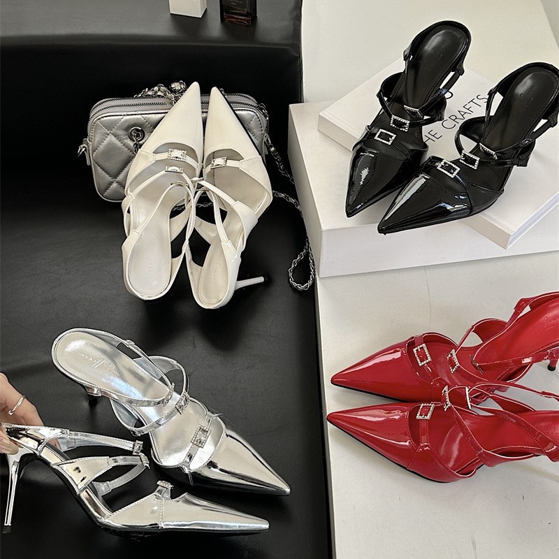 2025 European and American Spring New Fashion High Heels Women's Sexy Stiletto Sandals with Pointed Heel Baotou Half Slippers