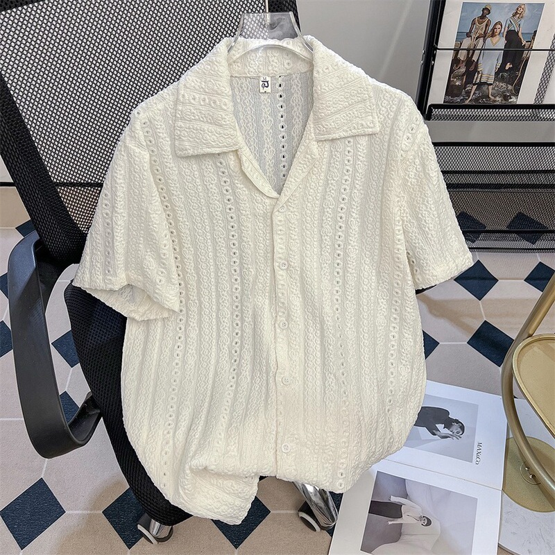 Summer Thin Breathable Hollow Lace Cuban Collar Retro-Style Short-Sleeved Shirt for Men and Women Loose Casual Shirt Summer Thin Breathable Hollow Lace Cuban Collar Retro-Style Short-Sleeved Shirt for Men and Women Loose Casual Shirt