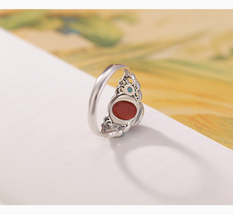 Nhẫn bạc S925 đính đá cabochon hình học phong cách vintage retro — một mảnh chi tiết 3