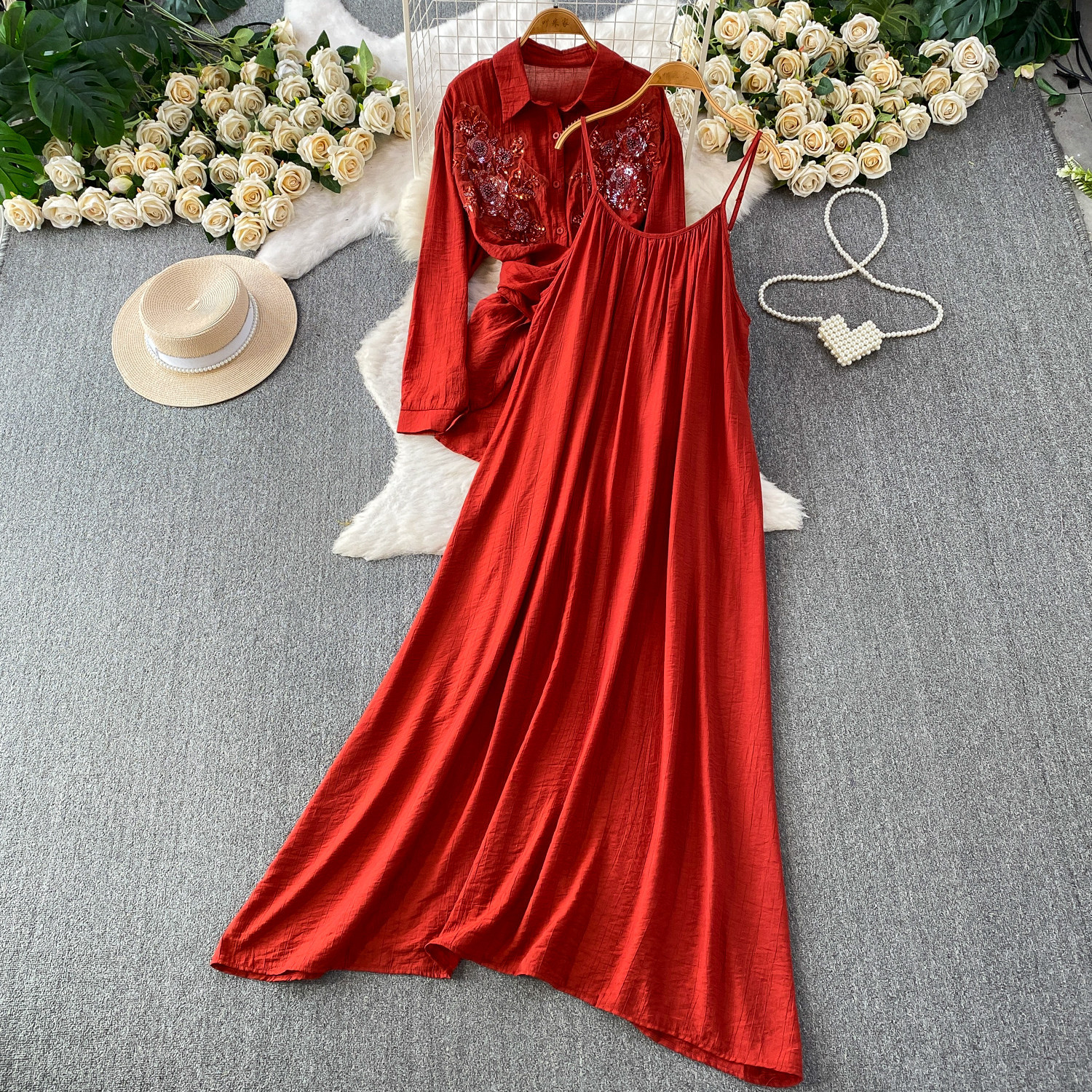 French Elegance Sequin Blazer Dress Set, Mid-Length Cross-Waist Blouse & Camisole Dress 2-Piece Outfit For Women_ecoleips.com
