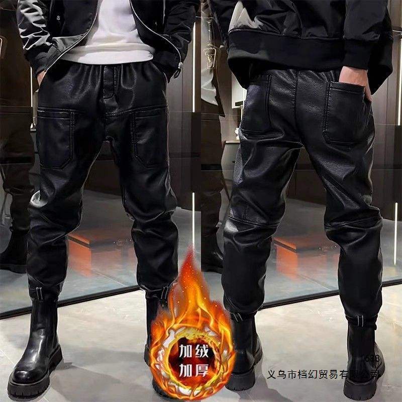 冬季潮流加绒加厚皮裤男士防水休闲裤六兜机车外卖骑士小脚裤