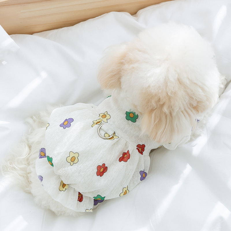 Linda pequeña flor impresa pequeña manga voladora princesa estilo vestido gato dos pies mascota perro Delgado Primavera y ropa de verano