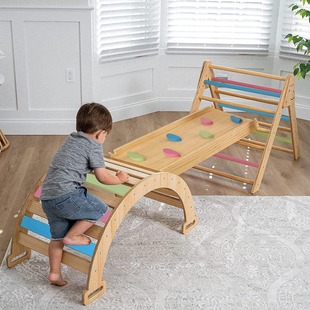 Children's folding climbing wooden frame solid wood early education three-in-one climbing slide combination indoor baby agile training equipment