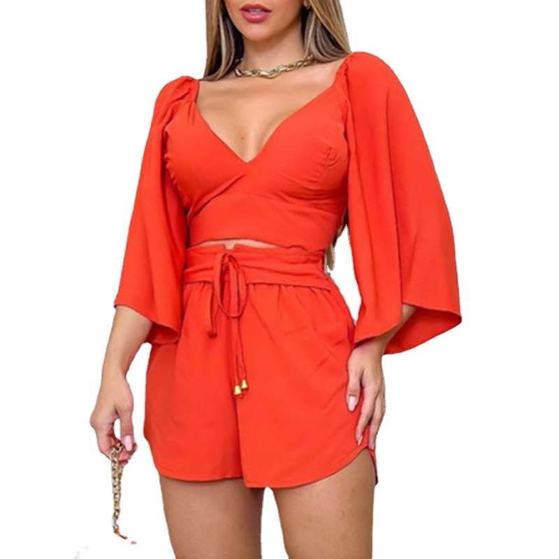 European and American women's 2023 spring new products V-neck backless flared sleeve shirt high waist shorts fashion casual suit