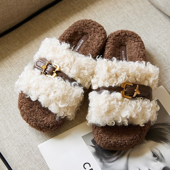 网红同款冬日摩卡3.5cm增高软萌羊羔毛毛拖鞋女保暖一字拖