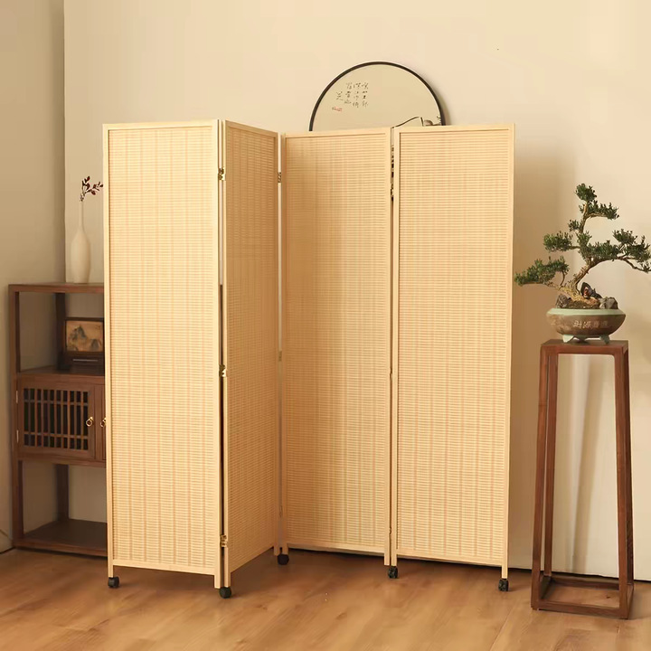 Bamboo woven movable screen partition with wheels, simple solid wood folding screen for home, restaurant, office, sliding partition