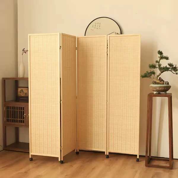 Bamboo woven movable screen partition with wheels, simple solid wood folding screen for home, restaurant, office, sliding partition
