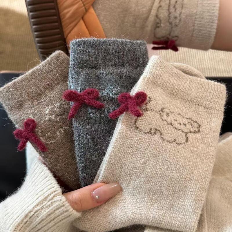 Rabbit Fur Puppy Socks for Women with Tail Accessories, Red Bow, Cute Japanese-Style Slouch Socks, Warm Women's Socks for Winter