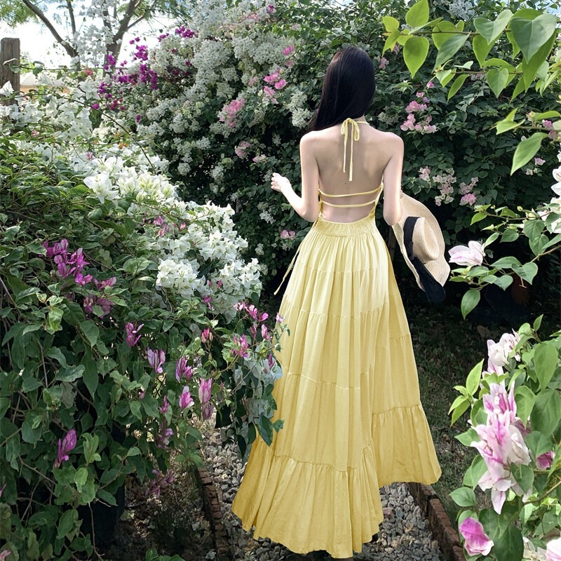 Resort-Style Halter Neck Tie Dress for Women, Summer Slimming Dress with Backless Design, Sexy Long Dress in Belle Yellow Resort-Style Halter Neck Tie Dress for Women, Summer Slimming Dress with Backless Design, Sexy Long Dress in Belle Yellow