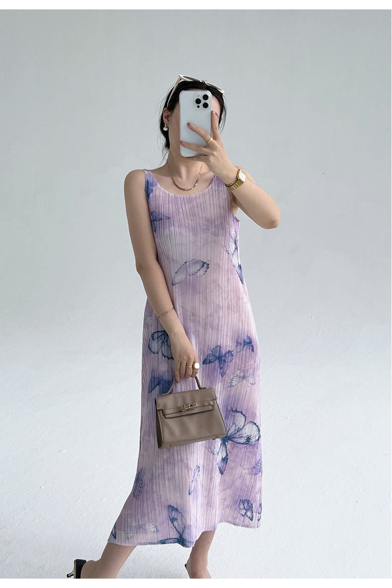 Đầm suông midi in họa tiết bướm gradient phong cách Pháp — màu tím nhạt chi tiết 11