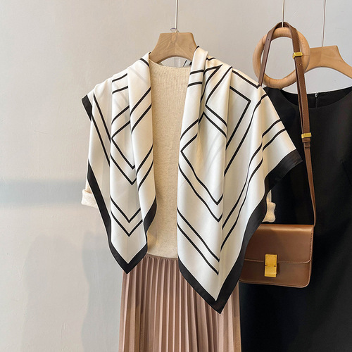 French style shoulder scarf women's long spring and autumn style fashionable black and white striped 90cm large square scarf versatile shawl