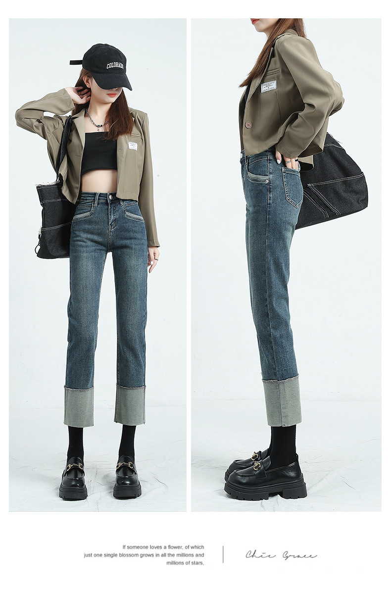 Rolled-up high-waisted straight-leg jeans for women in spring, Korean style, elastic and slimming, making you look petite. Trendy cigarette tube pants pic 8
