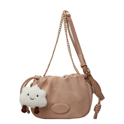 New chain crossbody small bag women's bag 2024 drawstring pleated shoulder bag high-end fashion mobile phone bucket bag