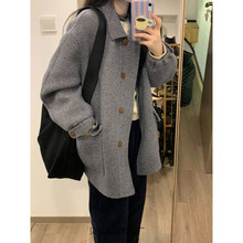 灰色人字纹加厚毛呢外套女2025冬季新款韩版单排扣宽松廓形上衣