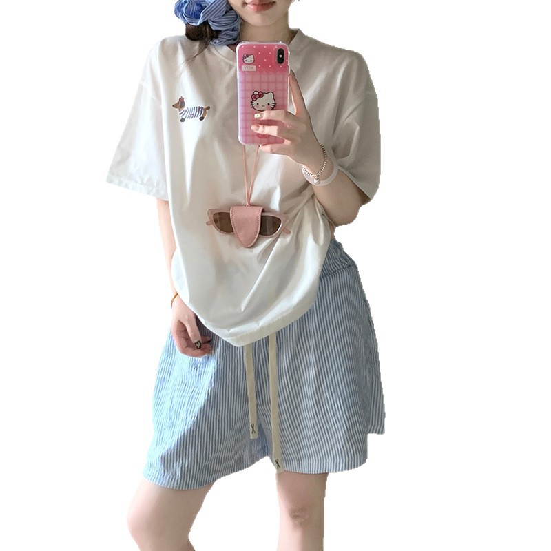 Pijamas de perro salchicha de dibujos animados para mujer verano de manga corta de algodón puro 2025 nuevo estilo traje de servicio a domicilio lindo para estudiantes