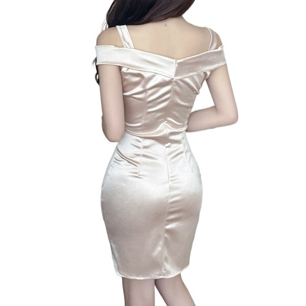 Elastic Satin Off the Shoulder Hanging Strap Wrapped Hip Dress
