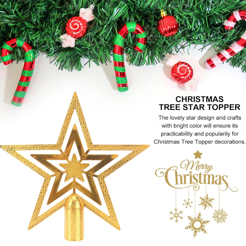 Estrella de cinco puntas brillante de plástico para la cima del árbol, adornos y colgantes navideños pequeños