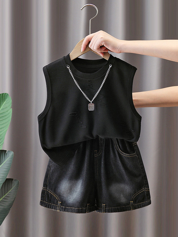 7323 traje de verano para niños 2025 nuevo chaleco negro para niños de dos piezas ropa sin mangas de verano fresco y guapo verano