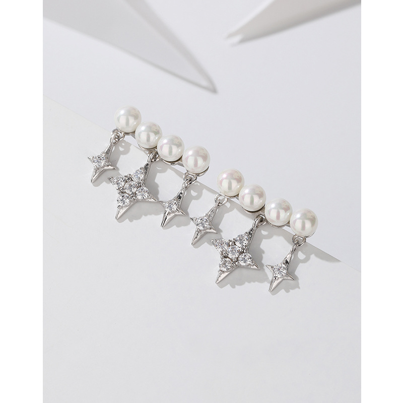 925 pendientes de perlas de plata esterlina Luz de lujo de alto grado de la vendimia borla diamante completo cuatro Awn estrella pendientes nicho de la joyería del oído