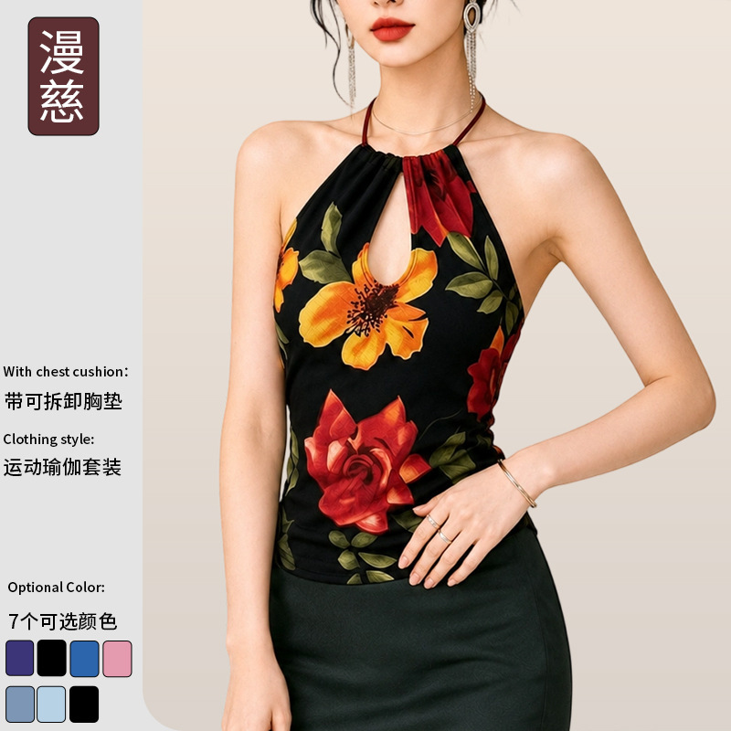 New European and American cross-border printed hollow-out tank top, sexy and alluring sports fitness top with chest pads, yoga wear for women New European and American cross-border printed hollow-out tank top, sexy and alluring sports fitness top with chest pads, yoga wear for women