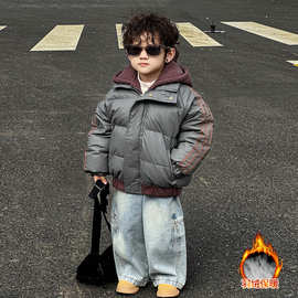 男童小羊皮假两件连帽羽绒服秋冬新款儿童加厚保暖白鸭绒抗寒透气