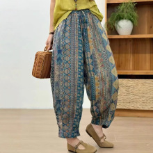 古咖服饰夏季苎麻复古数码印花双层休闲裤女松紧腰系带宽松哈伦裤