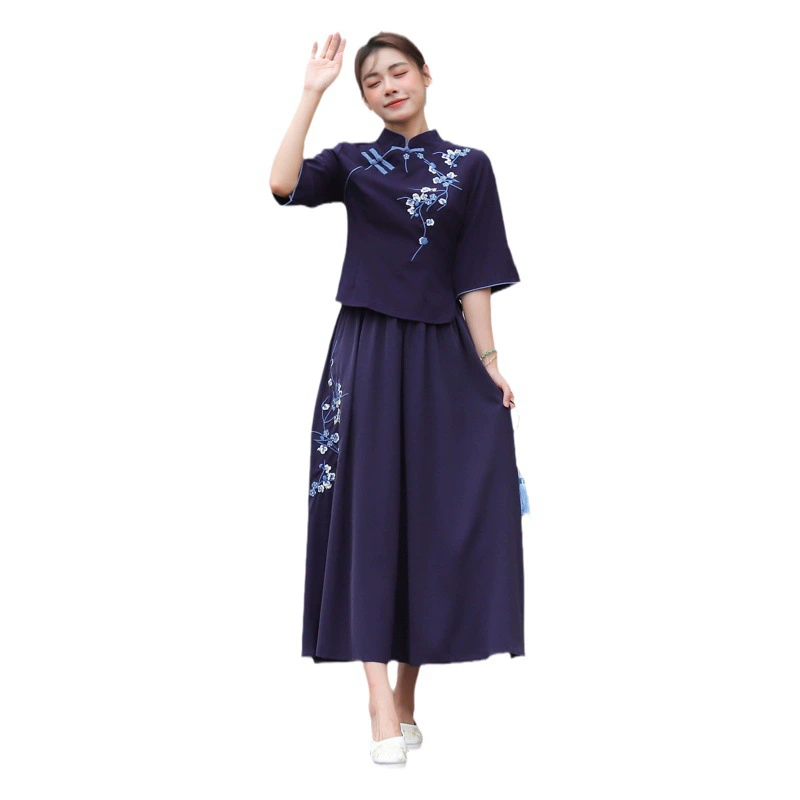 Весенне-летний новый китайский стиль, ретро, ​​улучшенная пряжка, Cheongsam, этнический стиль, костюм с вышивкой в ​​виде цветов сливы, юбка, костюм Тан, костюм Ханфу для женщин