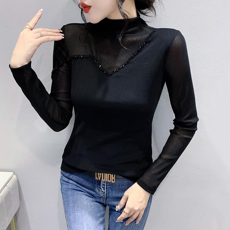 Autumn 2022 New High Neck Mesh Long Sleeve T-Shirt Fashion Beaded Leopard Print Sexy Top Slim Fit Base Shirt Autumn 2022 New High Neck Mesh Long Sleeve T-Shirt Fashion Beaded Leopard Print Sexy Top Slim Fit Base Shirt