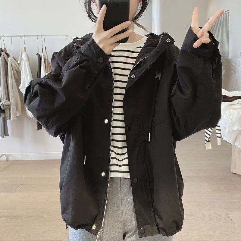 连帽工装外套女式春秋新款宽松复古显瘦连帽简约款插肩袖上衣外套|undefined