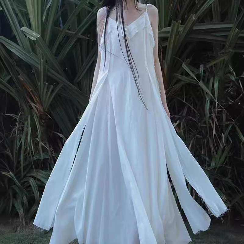 [Lingyi] hidden homemade burrs large swing pure cotton casual elegant dress two colors