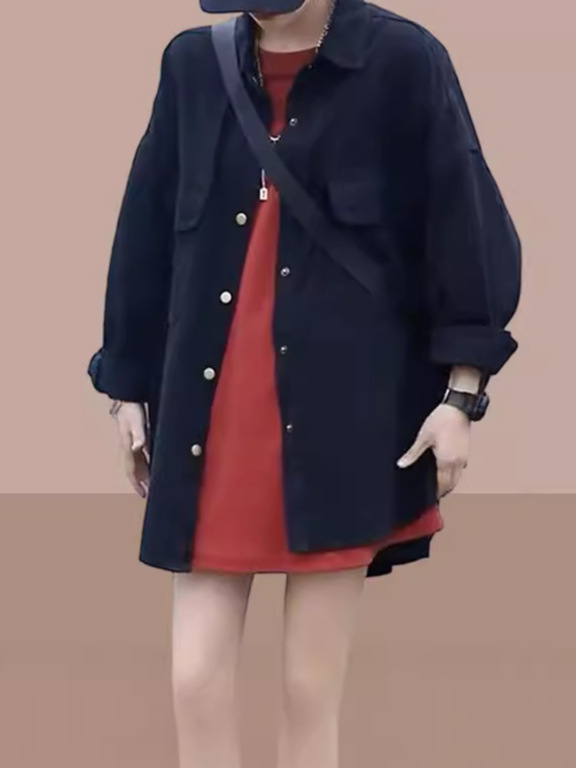 レトロな香港スタイルのファッション長袖シャツジャケット女性のための春と秋の新しい純粋な綿カジュアルルーズスリムミッドレングス婦人服|undefined