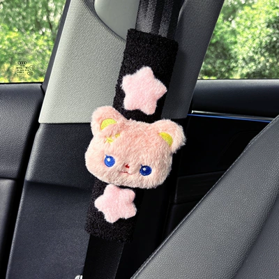 Cute Butter Bear Doll Car Seat belt shoulder pad - pink-star-pink-cat-sheep-velvet-shoulder-pads-black