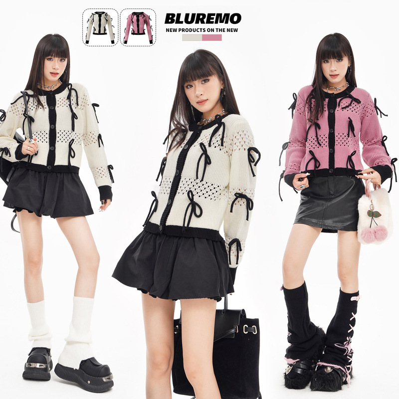 BLUREMO | autumn and winter new Europe and the United States sweet cool hollow color stitching bow Joker knitted sweater cardigan tide