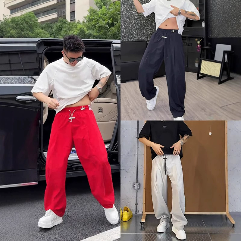 Мужские повседневные брюки-сабо для улицы в американском стиле, летние тонкие спортивные длинные брюки с эластичной резинкой на талии, свободные широкие брюки.
