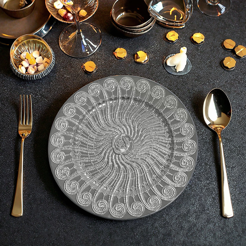 Platos de oro galvanizados, bodas europeas, hoteles, fiestas, bocadillos desechables, frutas, platos de plástico, cargador