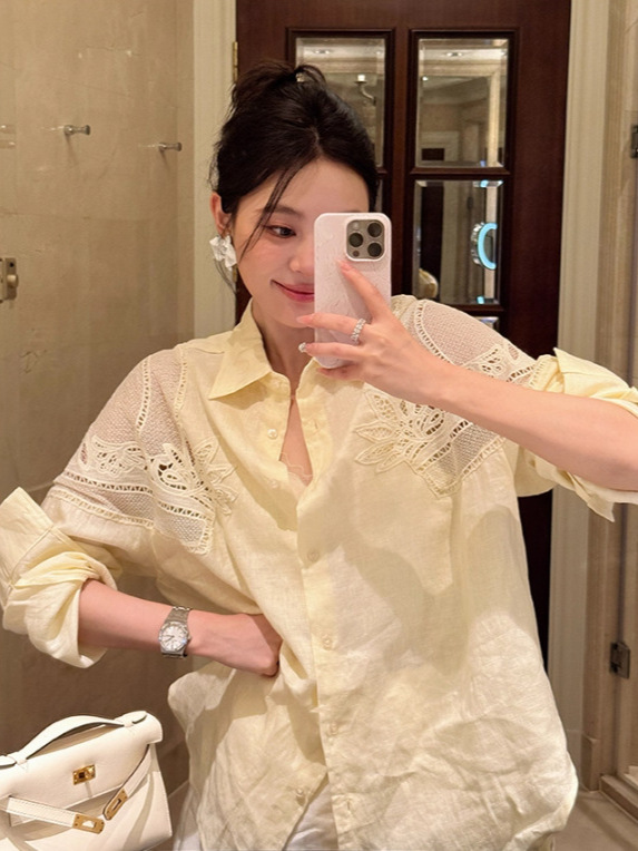 南油高端女装法式立体镂空刺绣 显白淡黄色春夏透气亚麻宽松衬衫|undefined