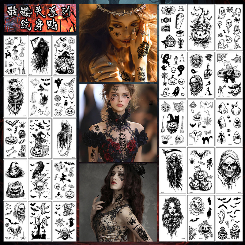 Cross-border New Black Halloween Tattoo Sticker Dark Spider Bat Pumpkin Skull Death Sickle Temporary Sticker