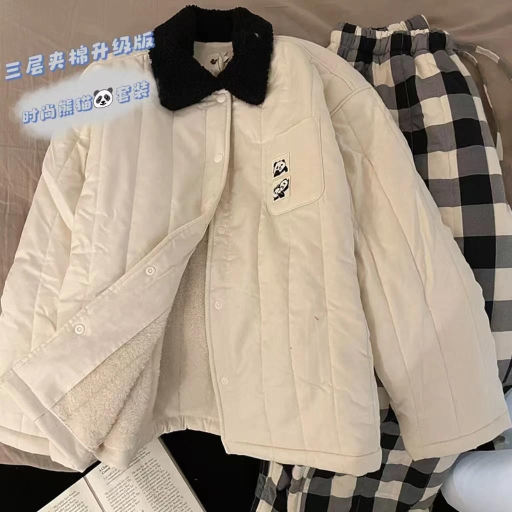 冬季新款睡衣套装女士加厚绗棉格子裤情侣家居服可外穿棉衣棉袄