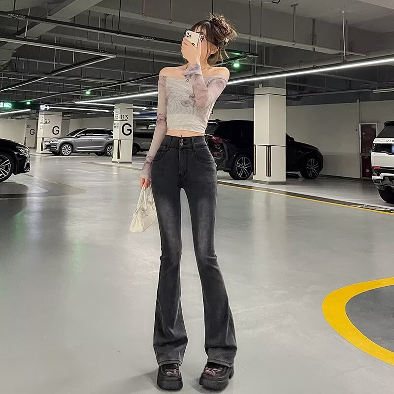 美式大码胖mm黑灰色弹力水洗微喇牛仔裤女秋冬高街辣妹显瘦喇叭裤|undefined