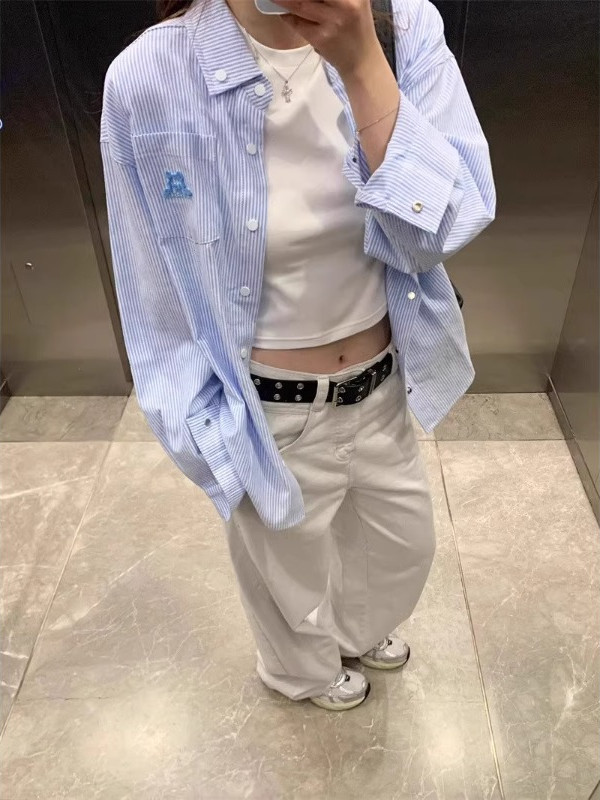 复古港风条纹衬衫女2025秋新款蓝色衬衣韩版宽松休闲开衫外套潮衣|undefined